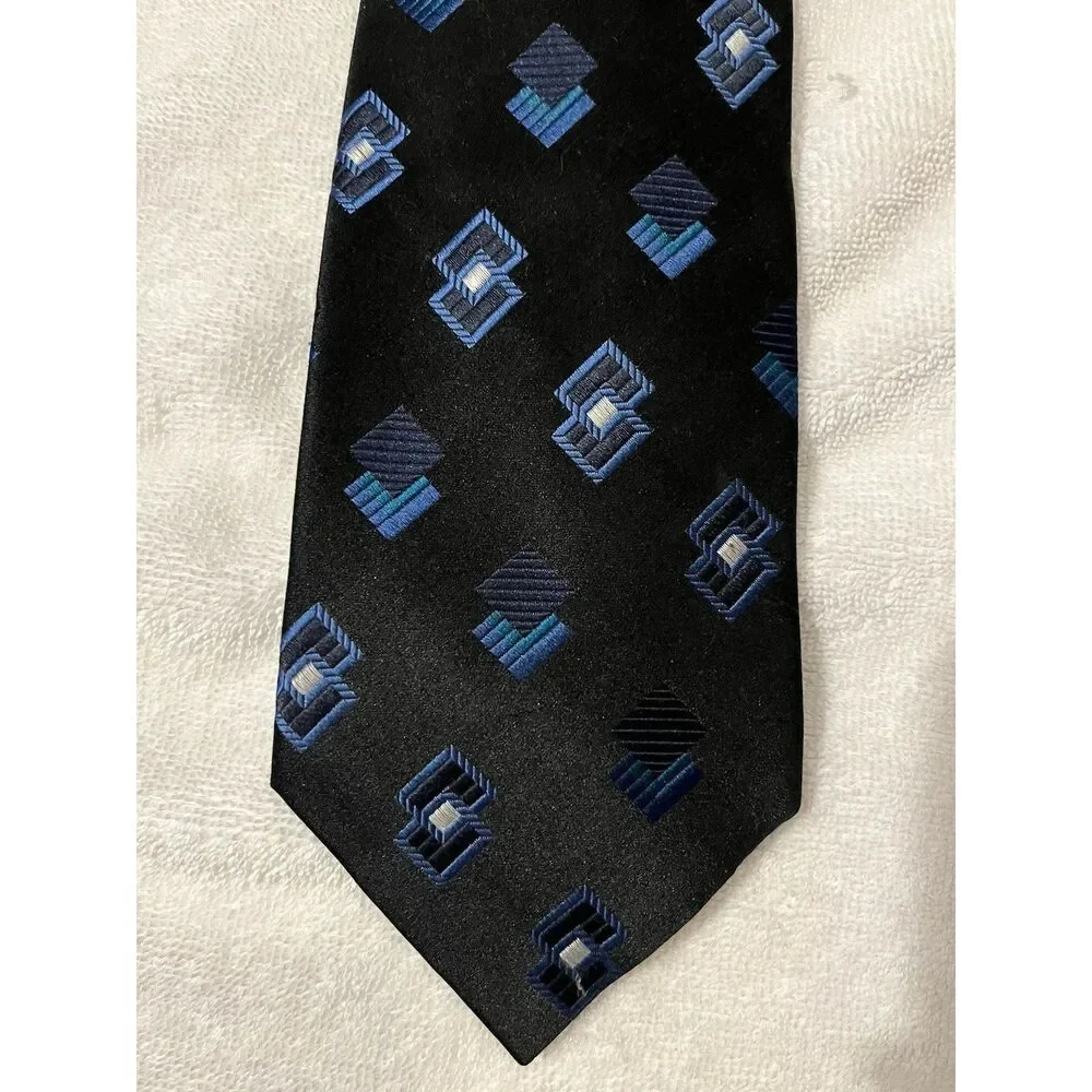 Fusion 100% Silk Tie: Black With Blue & White Geometric Pattern